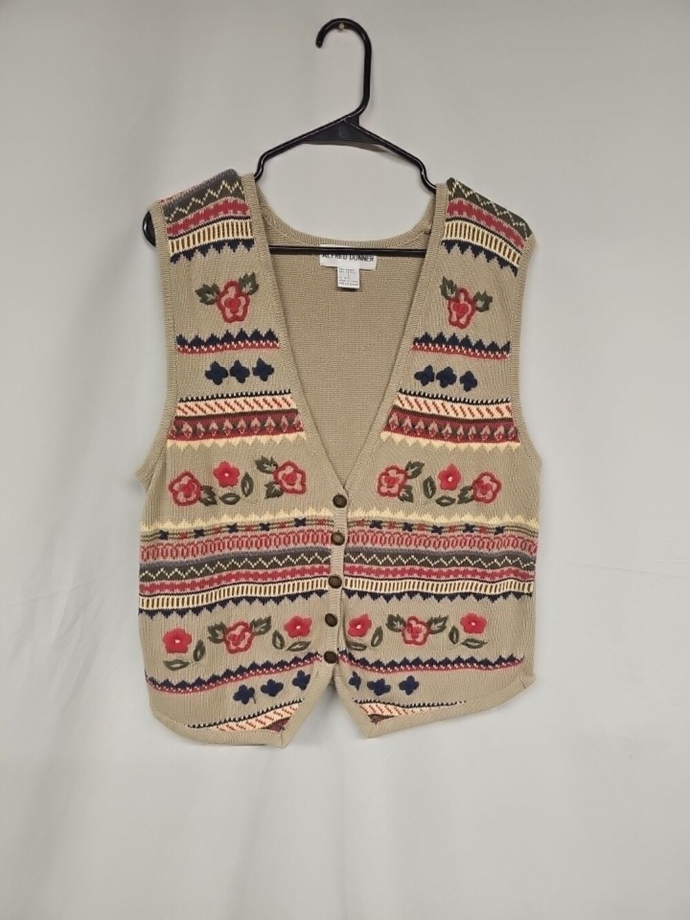 Y2K Alfred Dunner Women's Tan Floral Embroidered Knit Vest Size Large